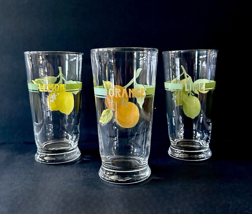 MCM Vintage Orange Lemon Lime Citrus 16oz Glass Set of 3 Fruit